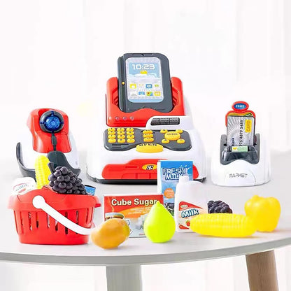 Pretend Play Smart Cash Register Toy, Kids Cashier with Checkout Scanner,Fruit Card Reader, Credit Card Machine, Play Money and Grocery Play Food Set, Educational Toys for Boys & Girls Gifts Toddlers