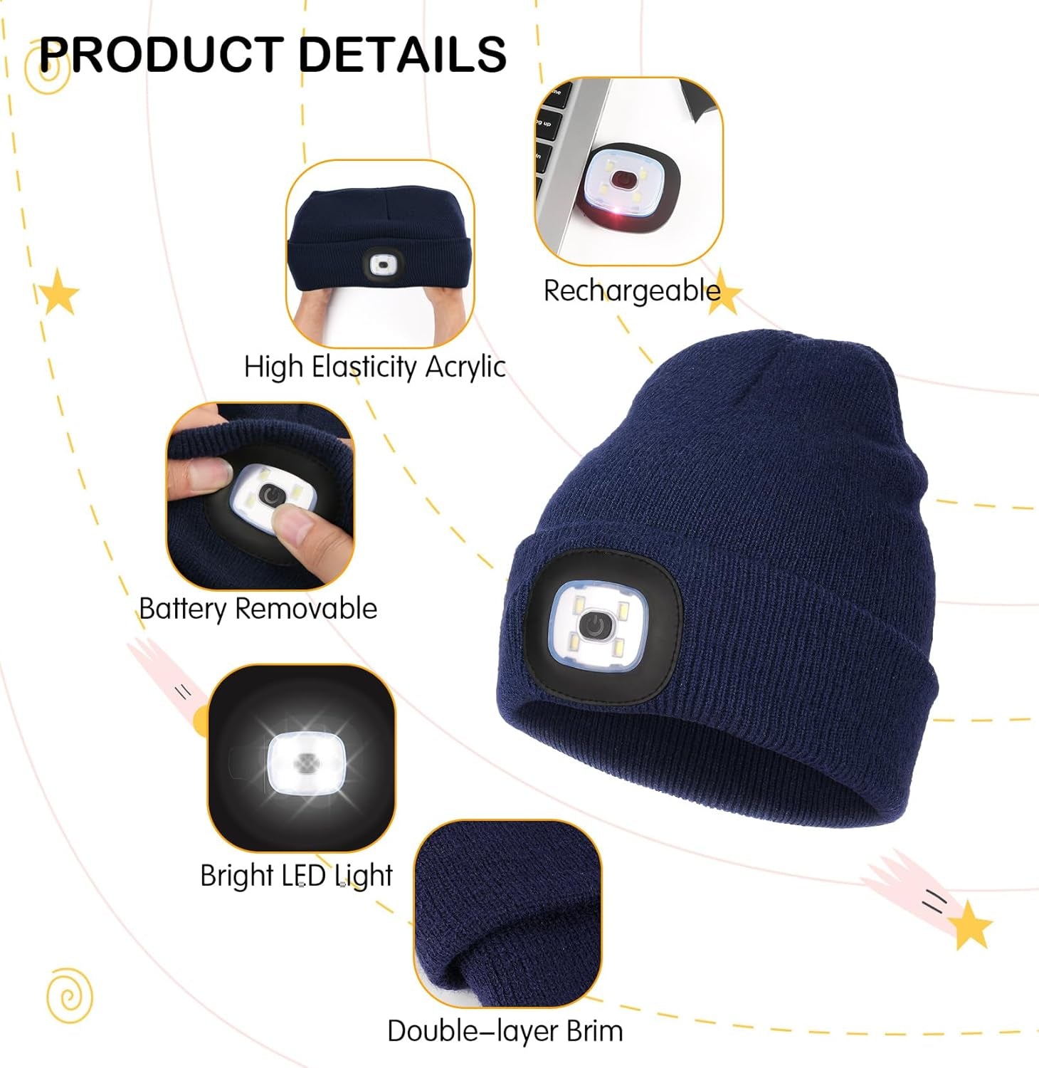 LED Beanie for Kids, LED Flashlight Knitted Cap Hat with Light, Christmas Stocking for Boys Girls Navy Blue