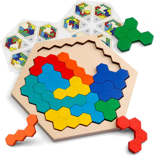 Wooden Hexagon Puzzle for Kid Adults - Shape Pattern Block Tangram Brain Teaser Toy Geometry Logic IQ Game STEM Montessori Educational Gift for All Ages Challenge
