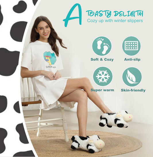 Indoor Fuzzy Winter Animal Panda and Cow Plush Slippers for Adult Women Men Boys Girls Kids