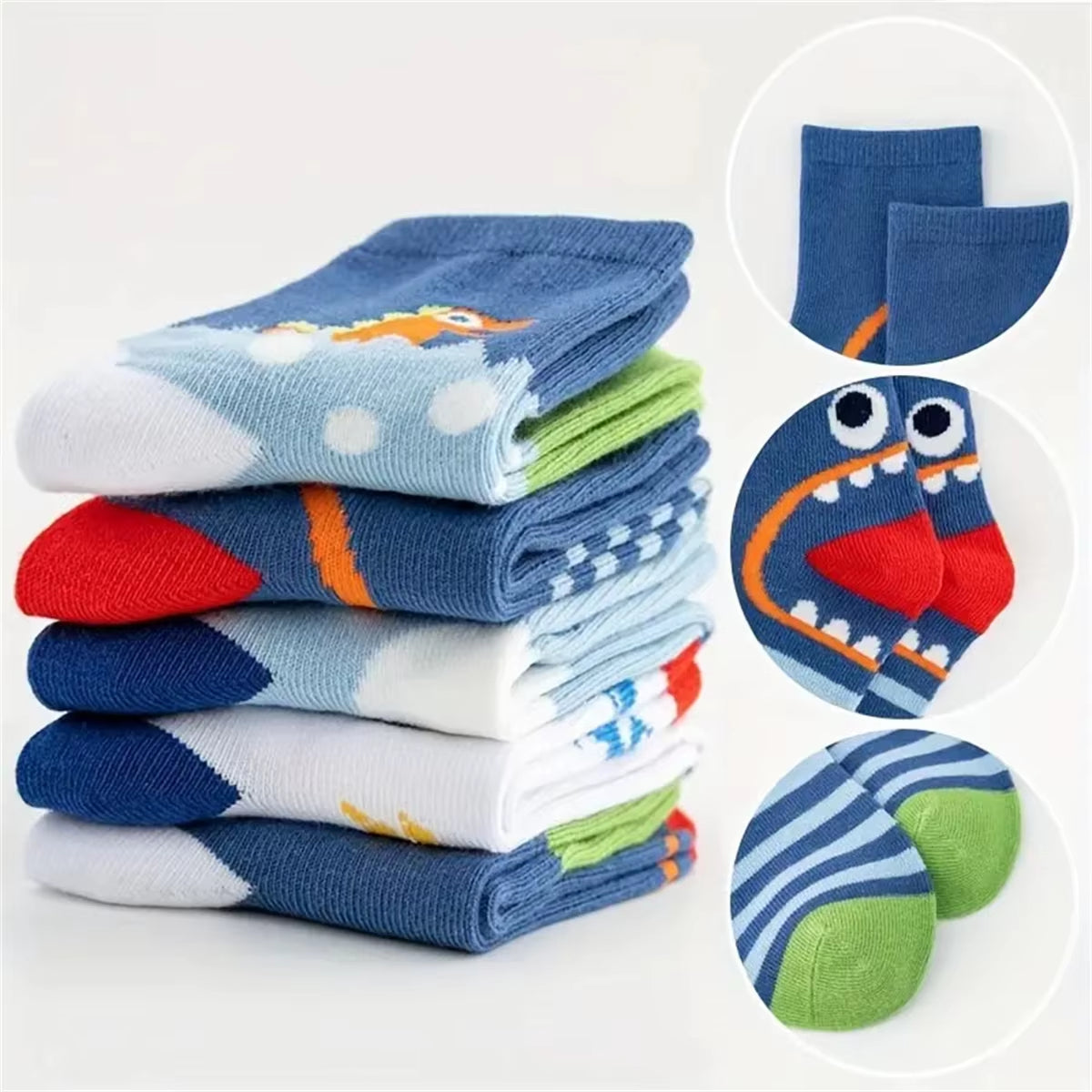 5Pairs Casual Cute Cartoon Dinosaur Knit Socks, Soft Comfortable Breathable Socks Boys and Girls Accessories