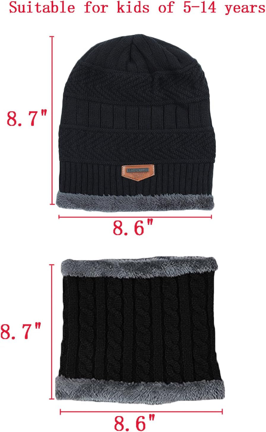 2Pcs Kids Winter Knitted Hats+Scarf Set Warm Fleece Lining Cap for 5-14 Year Old Boys Girls