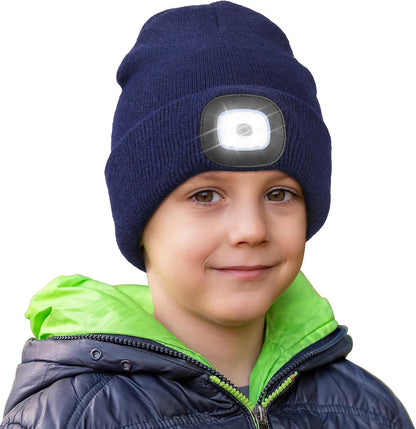 LED Beanie for Kids, LED Flashlight Knitted Cap Hat with Light, Christmas Stocking for Boys Girls Navy Blue