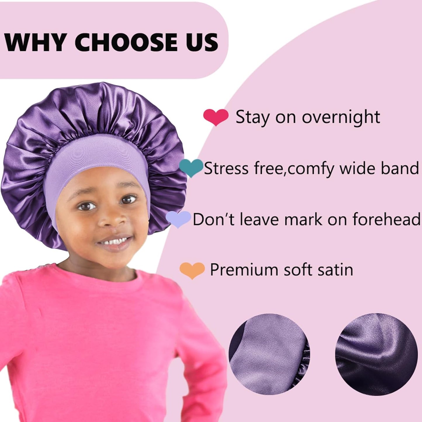 3 PCS Bonnet for Kids,Silk Bonnet for Sleeping Kids,Kids Bonnet for Girls,Satin Toddler Bonnet for Sleeping (B-Black+Purple+Rose Gold)