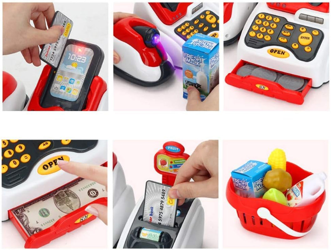 Pretend Play Smart Cash Register Toy, Kids Cashier with Checkout Scanner,Fruit Card Reader, Credit Card Machine, Play Money and Grocery Play Food Set, Educational Toys for Boys & Girls Gifts Toddlers