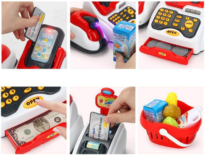 Pretend Play Smart Cash Register Toy, Kids Cashier with Checkout Scanner,Fruit Card Reader, Credit Card Machine, Play Money and Grocery Play Food Set, Educational Toys for Boys & Girls Gifts Toddlers