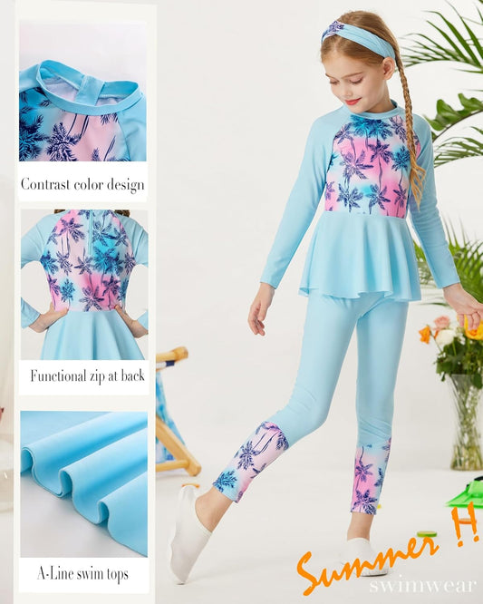 Girls Long Sleeve Swimsuit Mermaid Bathing Suit Rash Guard Swimwear 4 Piece Size 5-12