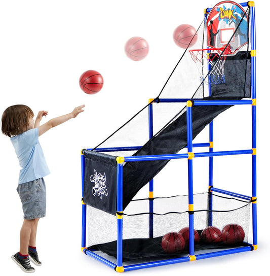 Arcade Basketball Game Set with 4 Balls and Hoop for Kids 3 to 12 Years Old Indoor Outdoor Sport Play - Easy Set up - Air Pump Included - Ideal for Competition