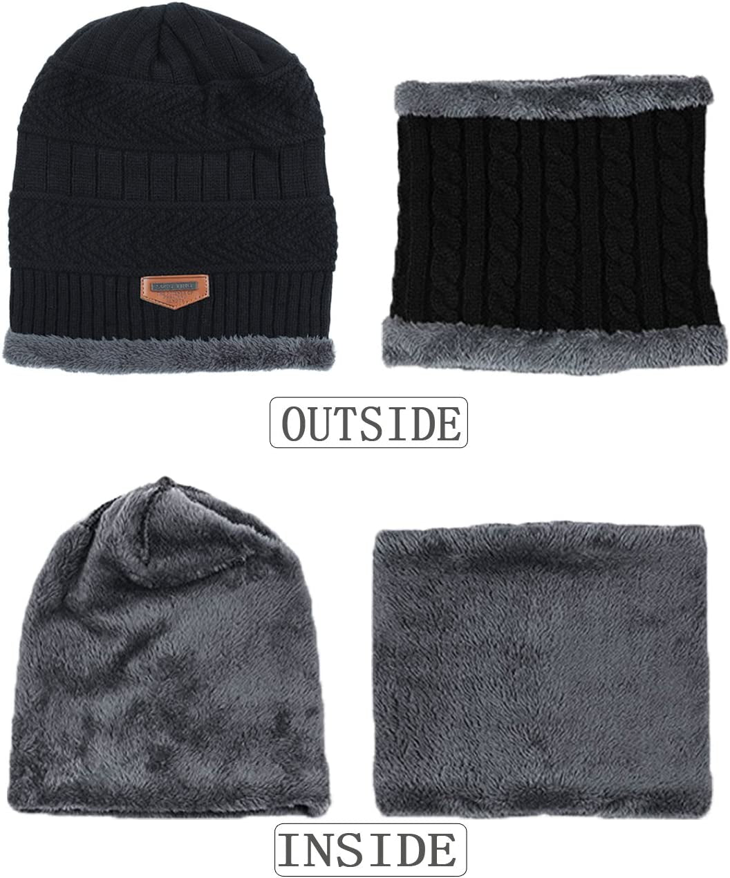 2Pcs Kids Winter Knitted Hats+Scarf Set Warm Fleece Lining Cap for 5-14 Year Old Boys Girls