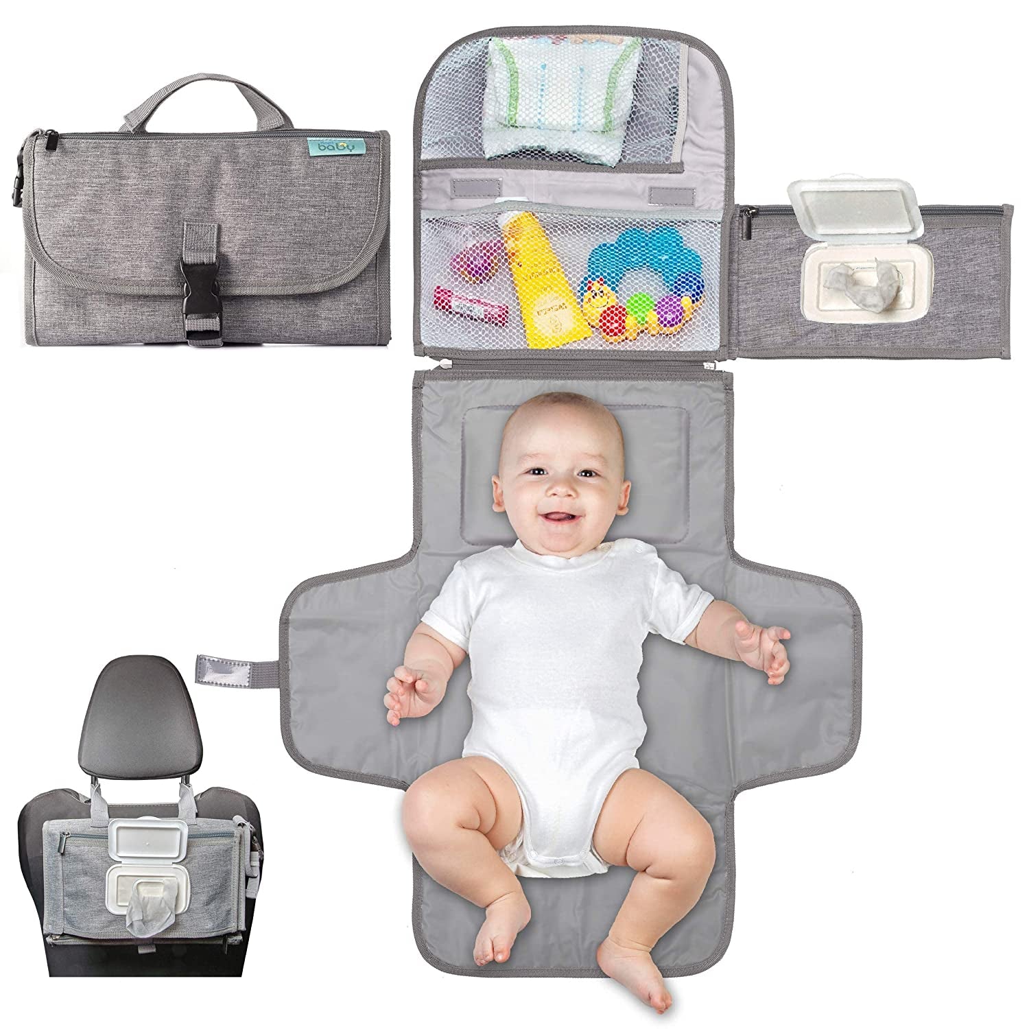 Portable Diaper Changing Pad, Portable Changing Pad for Newborn Girl & Boy - Baby Changing Pad with Smart Wipes Pocket – Waterproof Travel Changing Kit - Baby Gift by