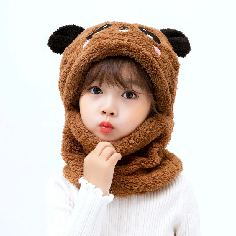 Cartoon Children Hat Scarf Two-Piece Hooded Autumn and Winter Cute Rabbit Panda Hat Winter Keep Warm Fluff Thicken Neck Scarf