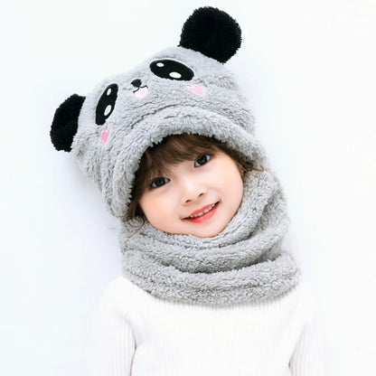 Cartoon Children Hat Scarf Two-Piece Hooded Autumn and Winter Cute Rabbit Panda Hat Winter Keep Warm Fluff Thicken Neck Scarf