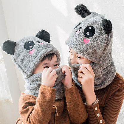 Cartoon Children Hat Scarf Two-Piece Hooded Autumn and Winter Cute Rabbit Panda Hat Winter Keep Warm Fluff Thicken Neck Scarf