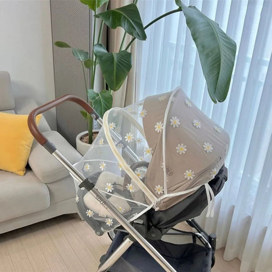 Summer Baby Stroller Mosquito Net Daisy Embroidered Zipper Full Cover Insect Prevention Universal Stroller Mosquito Net