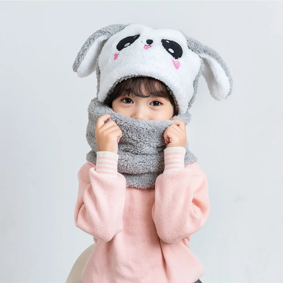 Cartoon Children Hat Scarf Two-Piece Hooded Autumn and Winter Cute Rabbit Panda Hat Winter Keep Warm Fluff Thicken Neck Scarf