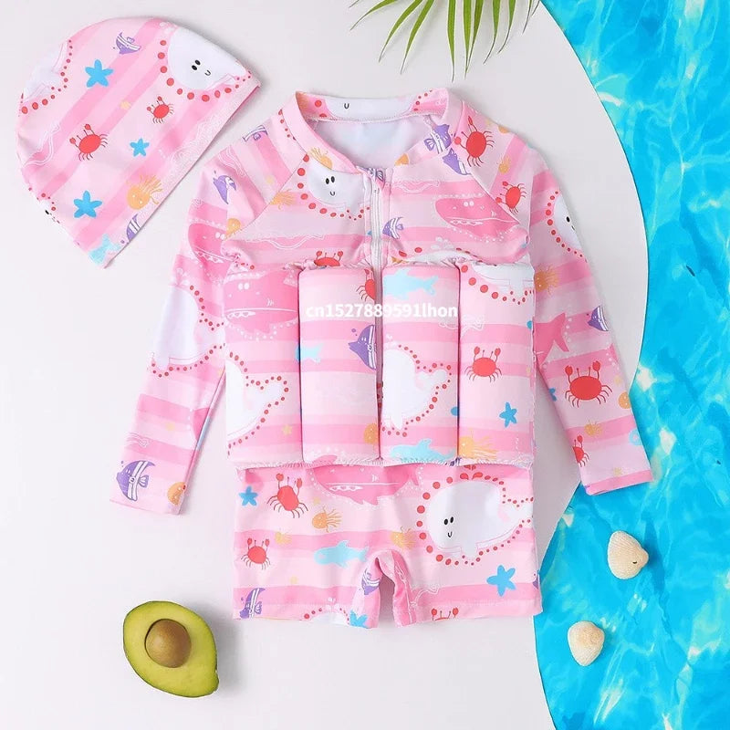 Children'S Buoyancy Swimsuit One-Piece Swimsuit for Kids Floating Rash Guards Cartoon Print Girls Boys Swimwear Swimming Clothes