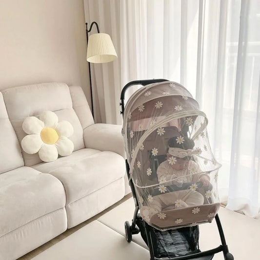 Summer Baby Stroller Mosquito Net Daisy Embroidered Zipper Full Cover Insect Prevention Universal Stroller Mosquito Net