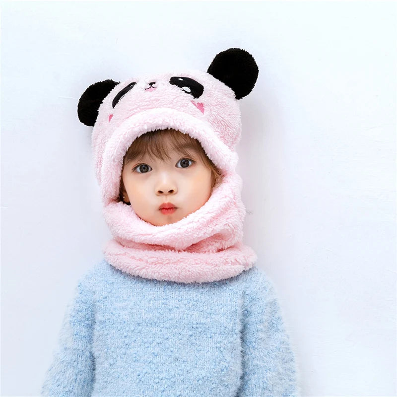 Cartoon Children Hat Scarf Two-Piece Hooded Autumn and Winter Cute Rabbit Panda Hat Winter Keep Warm Fluff Thicken Neck Scarf