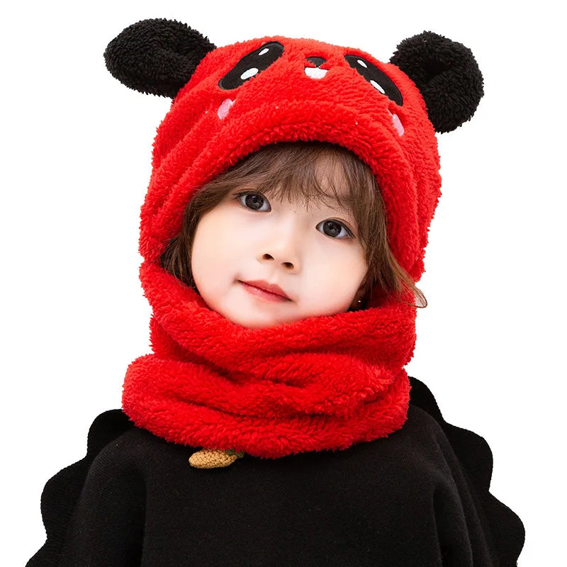 Cartoon Children Hat Scarf Two-Piece Hooded Autumn and Winter Cute Rabbit Panda Hat Winter Keep Warm Fluff Thicken Neck Scarf