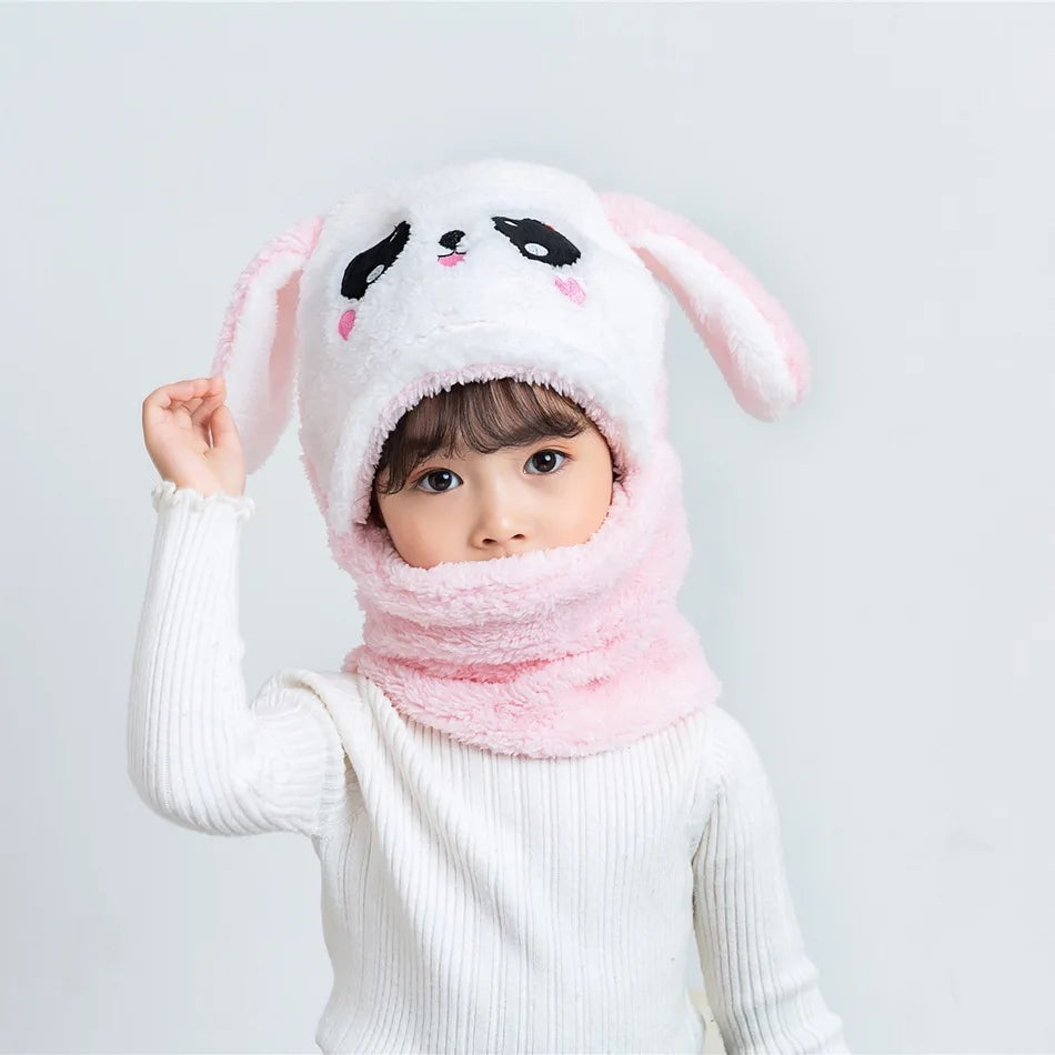 Cartoon Children Hat Scarf Two-Piece Hooded Autumn and Winter Cute Rabbit Panda Hat Winter Keep Warm Fluff Thicken Neck Scarf