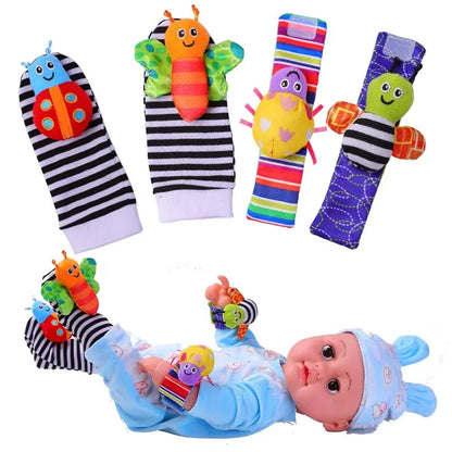 4Pcs Baby Toy 0-12 Months Baby Rattles Toys Animal Socks Wrist Strap + Rattle Baby Foot Socks Bug Wrist Strap Baby Socks New