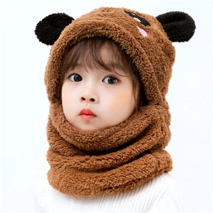 Cartoon Children Hat Scarf Two-Piece Hooded Autumn and Winter Cute Rabbit Panda Hat Winter Keep Warm Fluff Thicken Neck Scarf