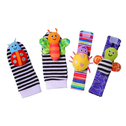 4Pcs Baby Toy 0-12 Months Baby Rattles Toys Animal Socks Wrist Strap + Rattle Baby Foot Socks Bug Wrist Strap Baby Socks New