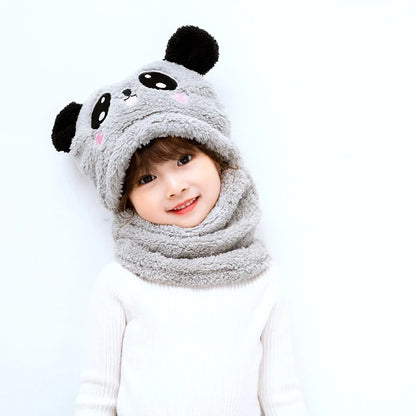 Cartoon Children Hat Scarf Two-Piece Hooded Autumn and Winter Cute Rabbit Panda Hat Winter Keep Warm Fluff Thicken Neck Scarf