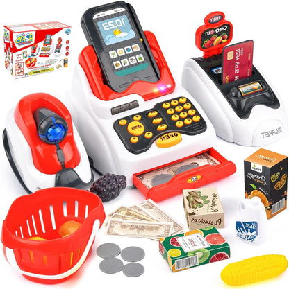 Pretend Play Smart Cash Register Toy, Kids Cashier with Checkout Scanner,Fruit Card Reader, Credit Card Machine, Play Money and Grocery Play Food Set, Educational Toys for Boys & Girls Gifts Toddlers