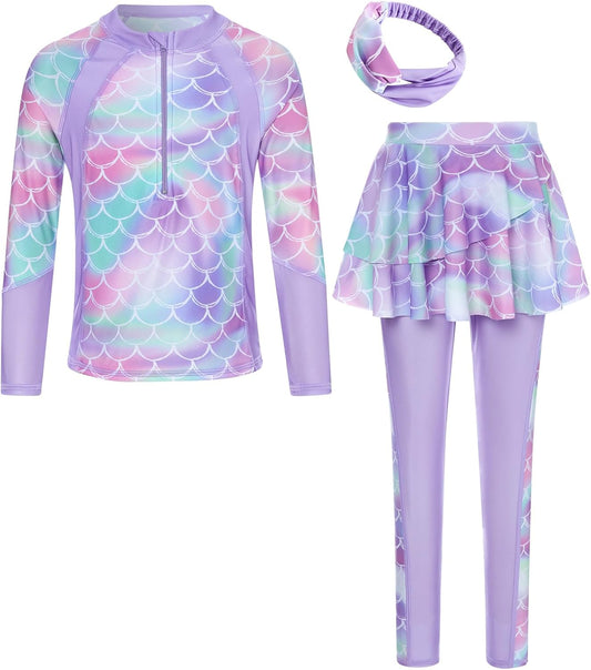 Girls Long Sleeve Rashguard Half Zip Swimsuits UPF 50+ Two Piece Swim Sets with Hairband 5-12Y