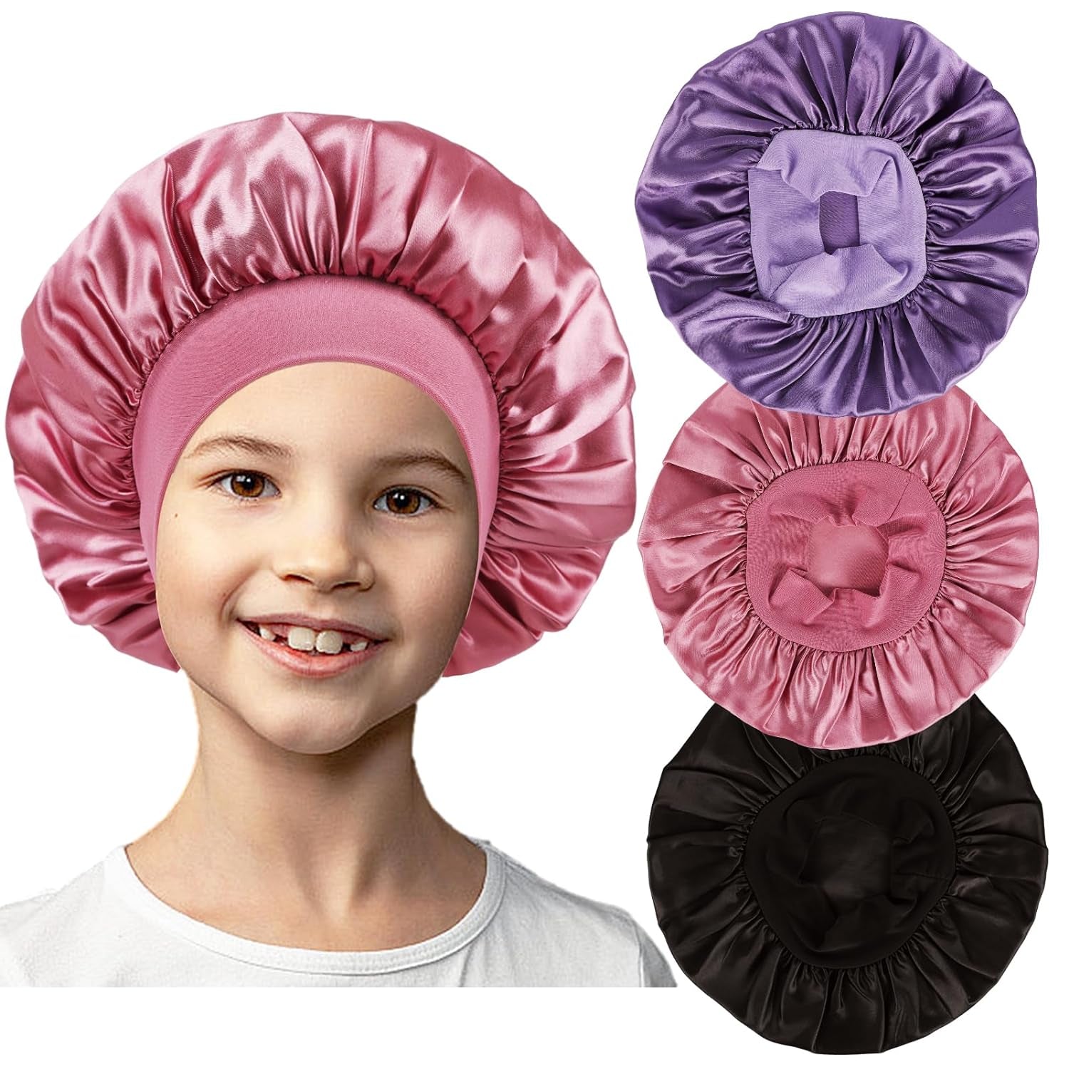 3 PCS Bonnet for Kids,Silk Bonnet for Sleeping Kids,Kids Bonnet for Girls,Satin Toddler Bonnet for Sleeping (B-Black+Purple+Rose Gold)