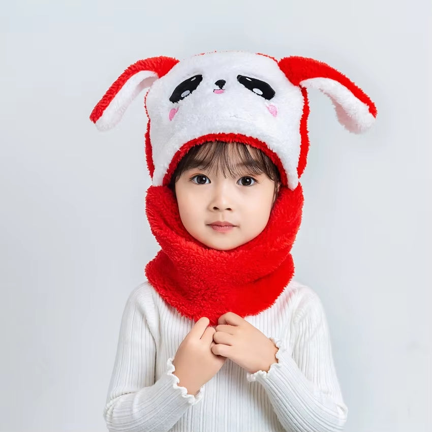 Cartoon Children Hat Scarf Two-Piece Hooded Autumn and Winter Cute Rabbit Panda Hat Winter Keep Warm Fluff Thicken Neck Scarf