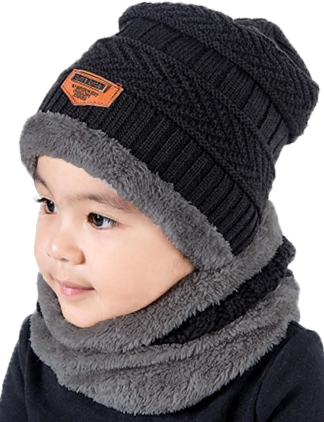 2Pcs Kids Winter Knitted Hats+Scarf Set Warm Fleece Lining Cap for 5-14 Year Old Boys Girls