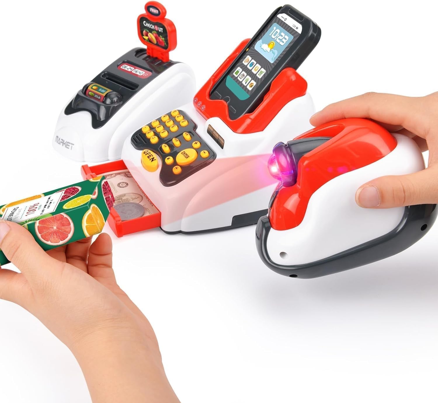 Pretend Play Smart Cash Register Toy, Kids Cashier with Checkout Scanner,Fruit Card Reader, Credit Card Machine, Play Money and Grocery Play Food Set, Educational Toys for Boys & Girls Gifts Toddlers