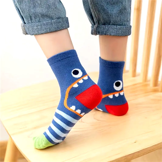 5Pairs Casual Cute Cartoon Dinosaur Knit Socks, Soft Comfortable Breathable Socks Boys and Girls Accessories