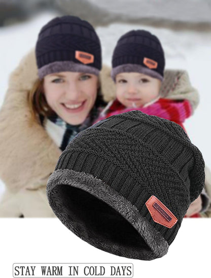 2Pcs Kids Winter Knitted Hats+Scarf Set Warm Fleece Lining Cap for 5-14 Year Old Boys Girls