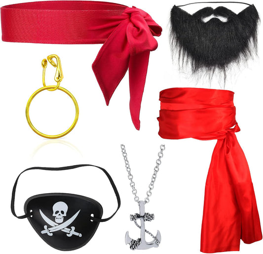 Captain Pirate Costume Accessory Set Red Head Tie Bandana Pirate Sash Eye Patch Earring Dress up Accessories Kit