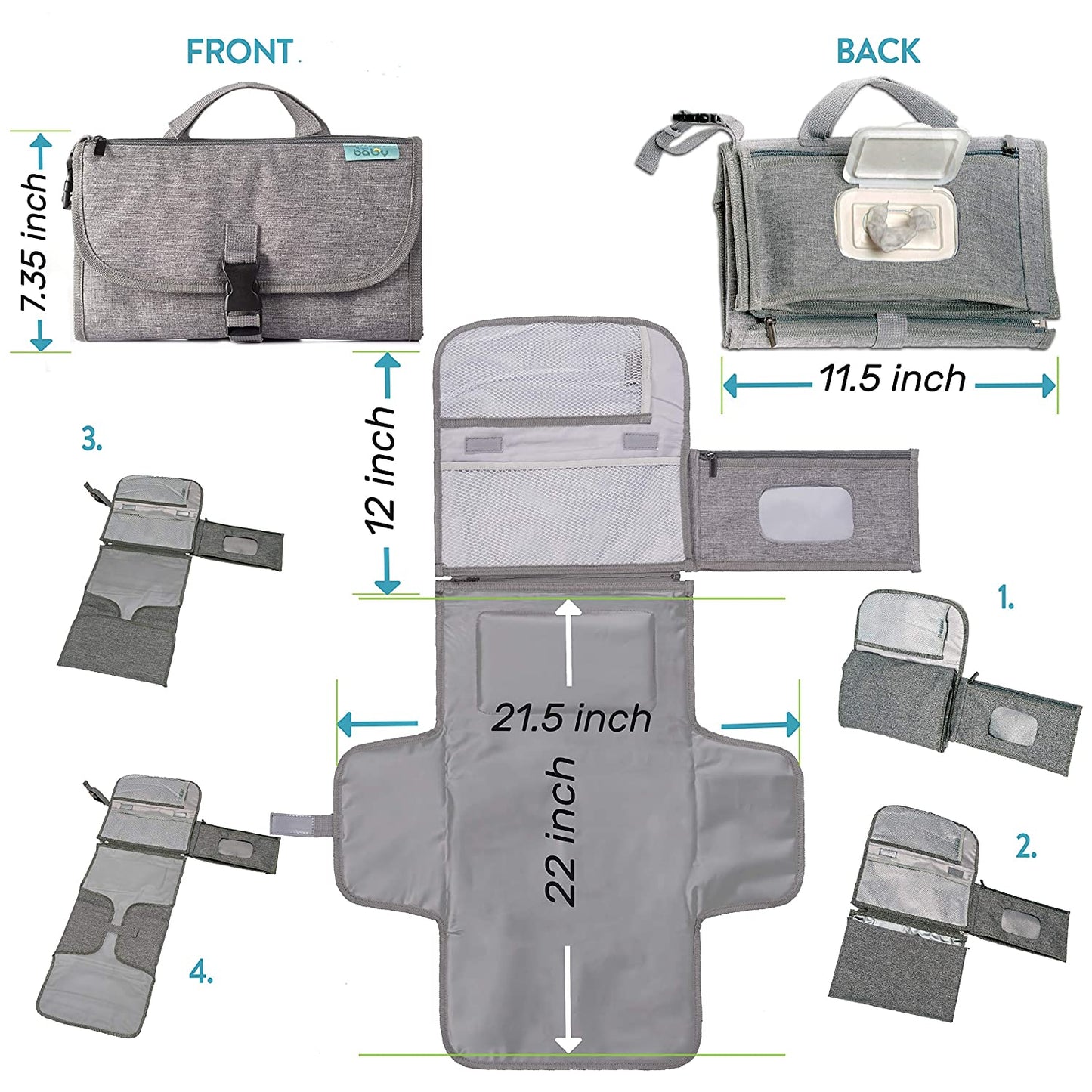 Portable Diaper Changing Pad, Portable Changing Pad for Newborn Girl & Boy - Baby Changing Pad with Smart Wipes Pocket – Waterproof Travel Changing Kit - Baby Gift by