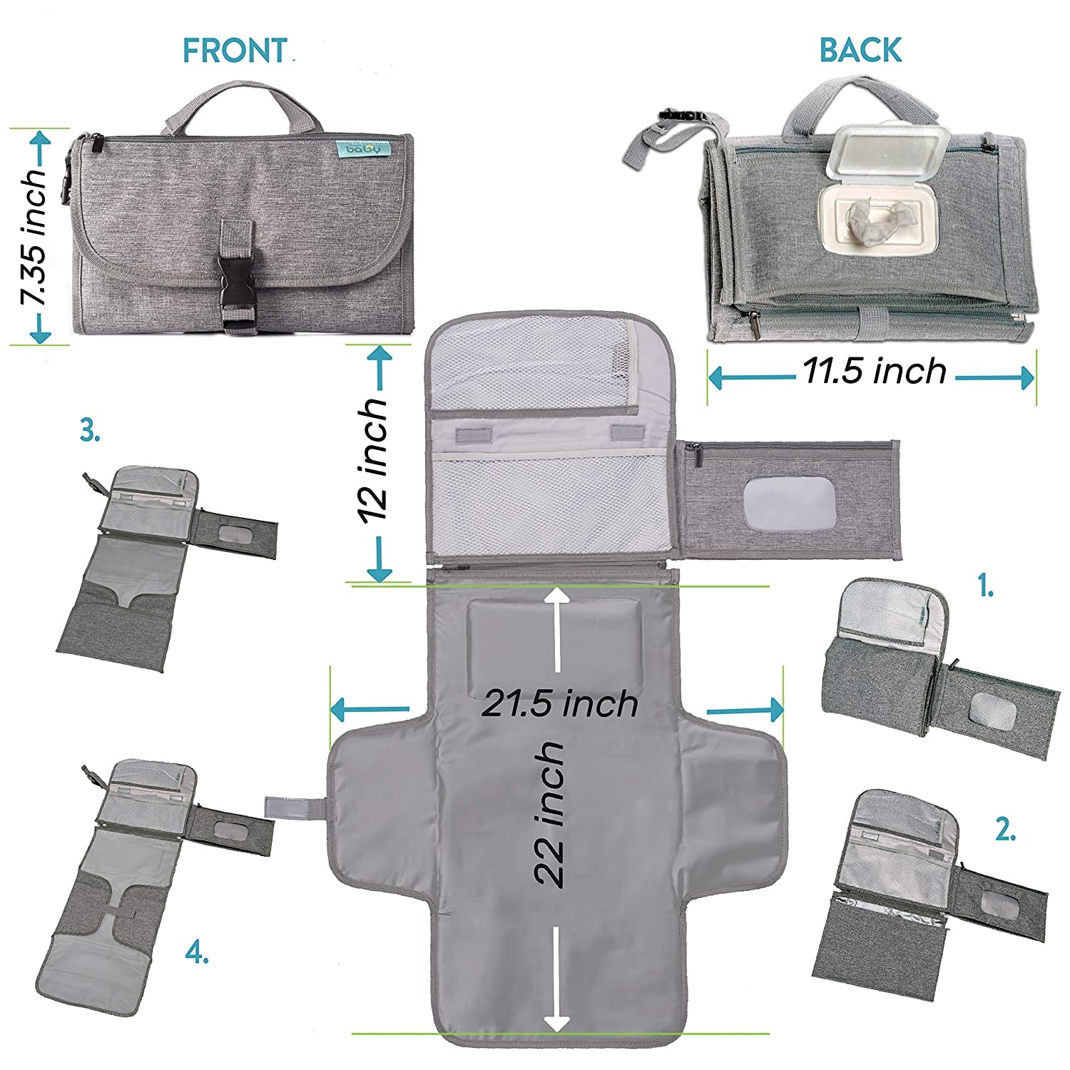Portable Diaper Changing Pad, Portable Changing Pad for Newborn Girl & Boy - Baby Changing Pad with Smart Wipes Pocket – Waterproof Travel Changing Kit - Baby Gift by